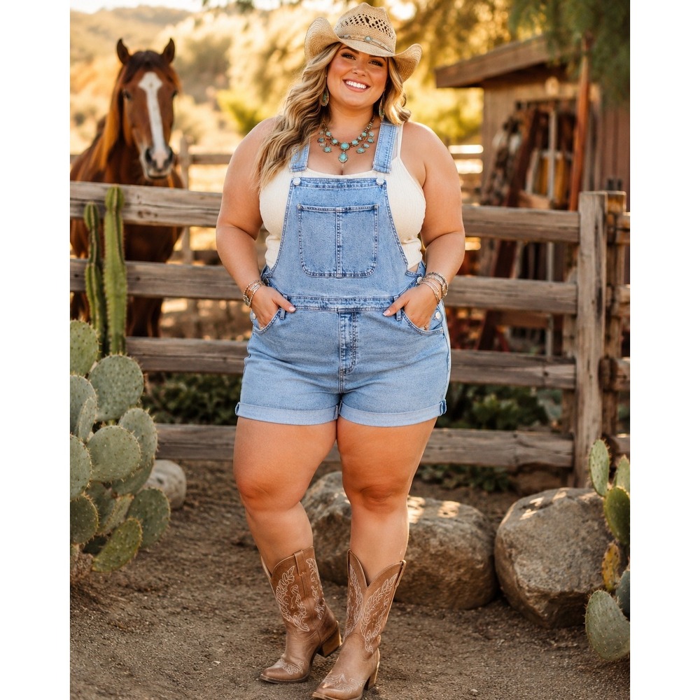 Y2K Western Cowgirl Blue Denim Overalls Shorts Romper Size 20W Vacation Casual